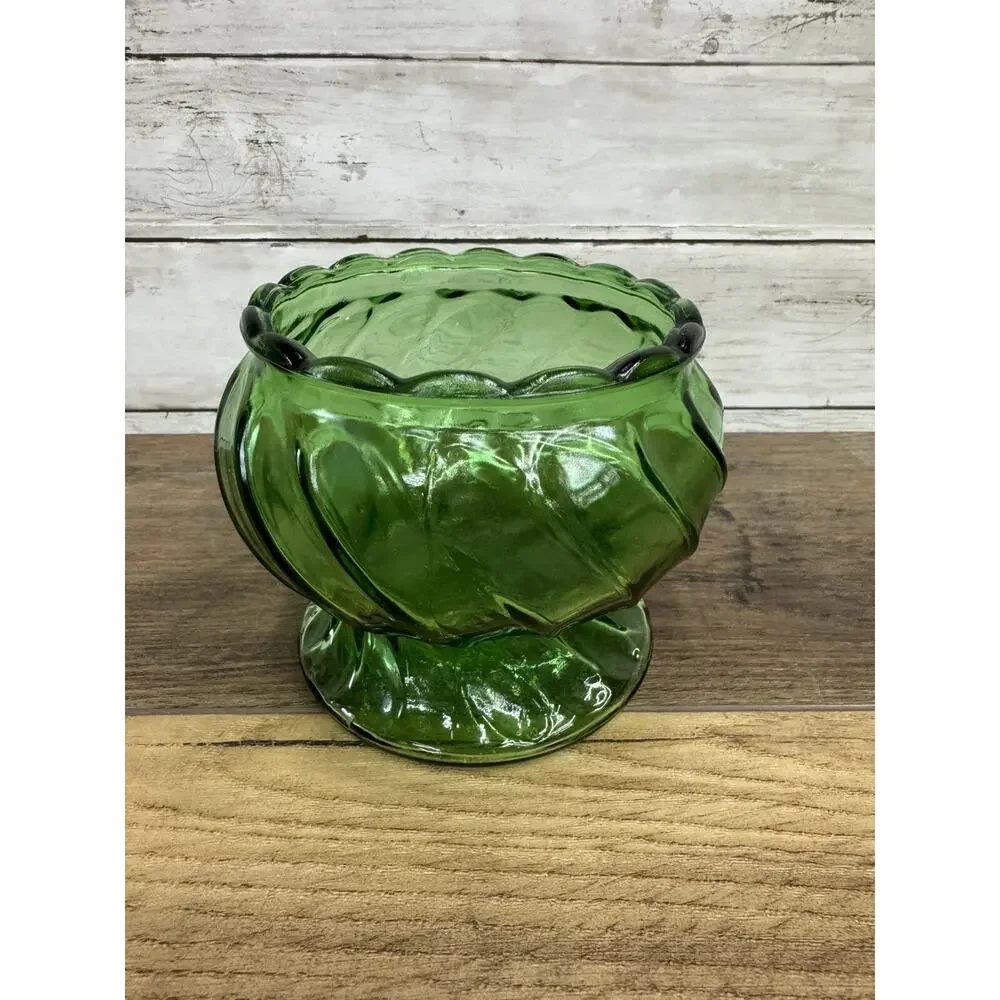 Vintage Emerald Green Glass Thumbprint Pedestal Candy Dish Bowl Planter
